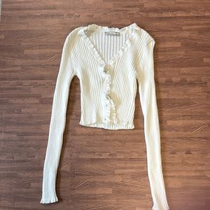 WHITE RIBBED BUTTON UP SWEATER V-NECK SIZE KIDS LARGE CROPPED
